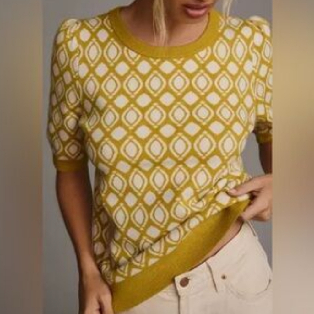 Anthro Maeve Jacquared Harmon Yellow Sweater - Picture 3 of 11